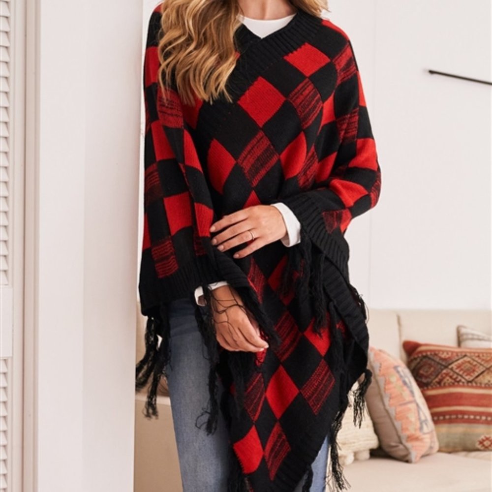 CHECKERED PRINT PONCHO - SOFT - Picture 4 of 4